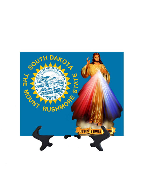 South Dakota Flag with Divine Mercy Jesus image in forefront on ceramic tile on stand