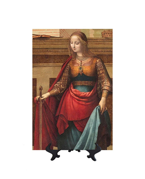 8x12 St. Catherine of Alexandria with sword on ceramic tile and stand & no background