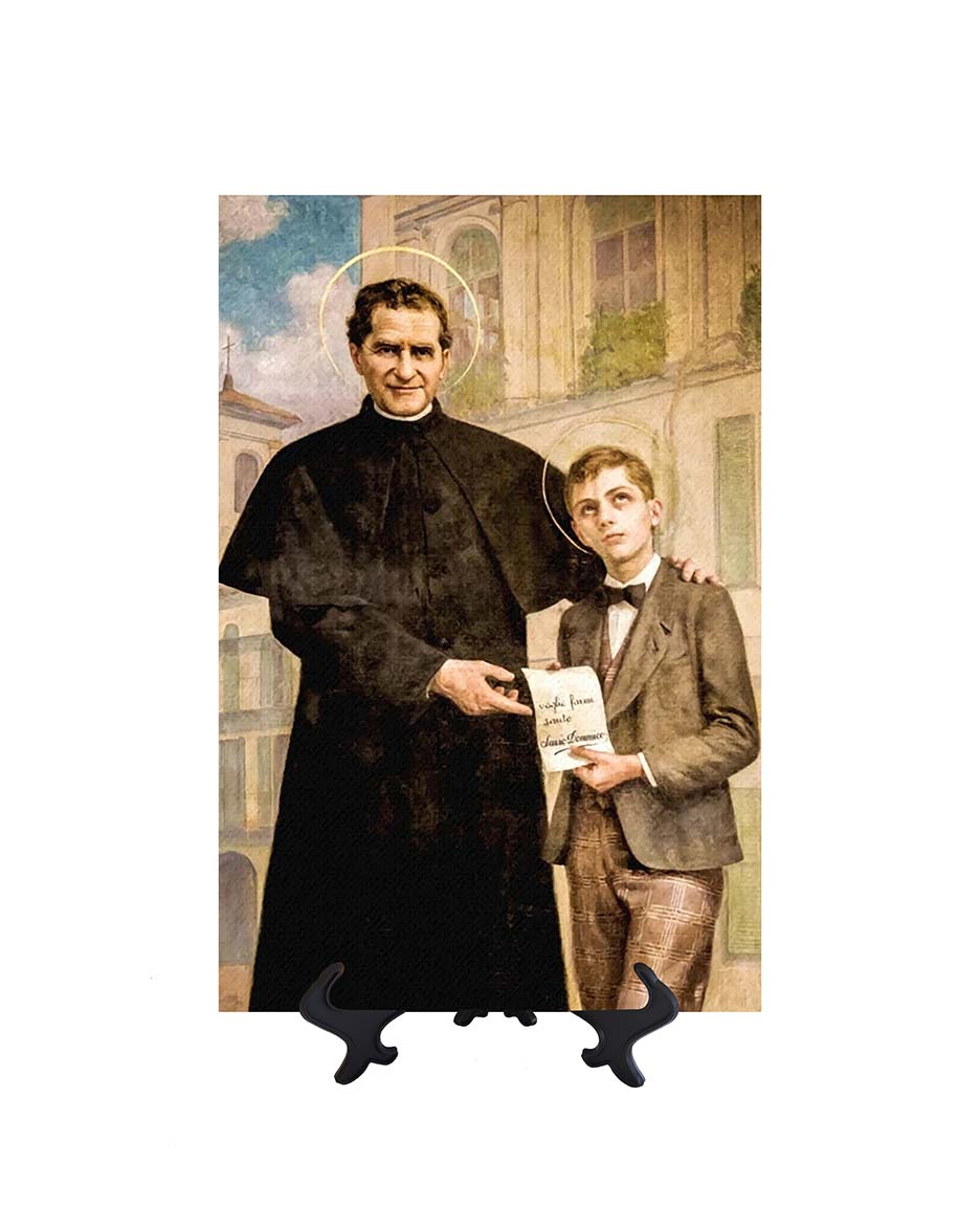 8x12 St. John Bosco with his student St. Dominic Savio on ceramic tile on stand & no background