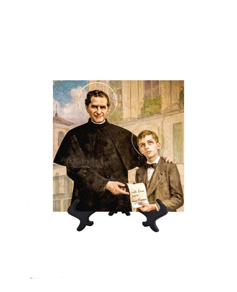 8x8 St. John Bosco with his student St. Dominic Savio on ceramic tile on stand & no background