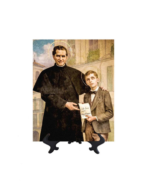 8x10 St. John Bosco with his student St. Dominic Savio on ceramic tile on stand & no background