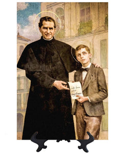 Main St. John Bosco with his student St. Dominic Savio on ceramic tile on stand & no background