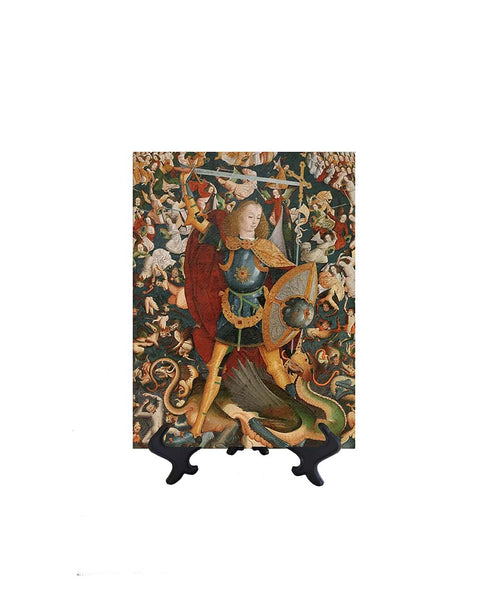 6x8 St. Michael with sword slaying dragon on ceramic tile & stand with no background