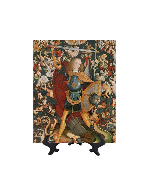 8x10 St. Michael with sword slaying dragon on ceramic tile & stand with no background