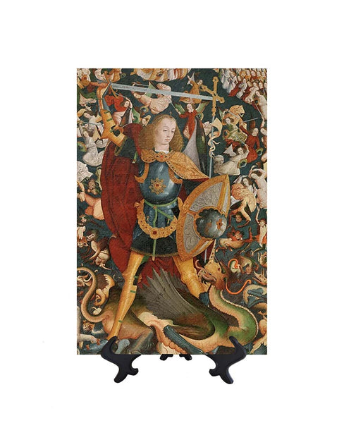 8x12 St. Michael with sword slaying dragon on ceramic tile & stand with no background
