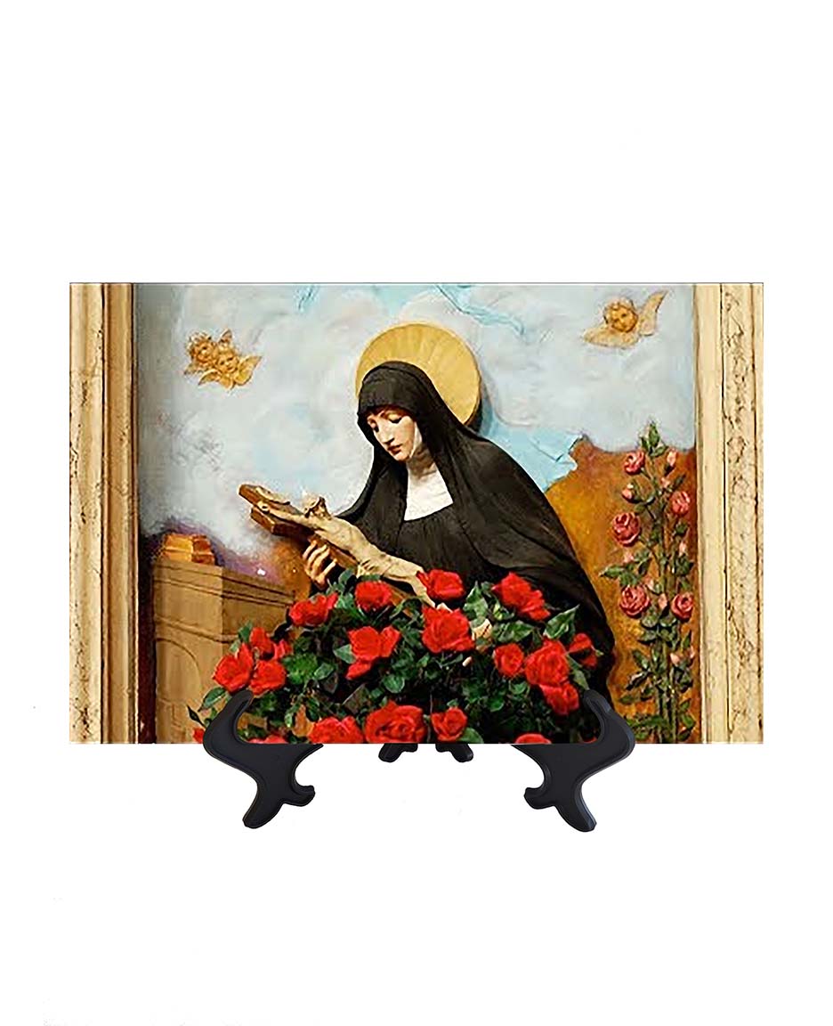 8x12 St Rita holding crucifix with a bed of roses on ceramic tile & stand & no background