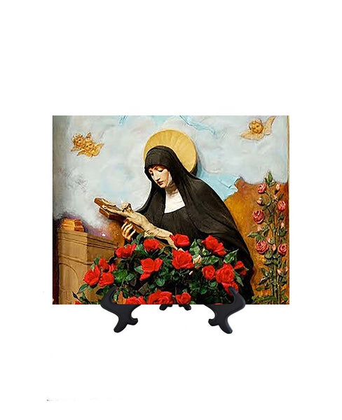 8x10 St Rita holding crucifix with a bed of roses on ceramic tile & stand & no background