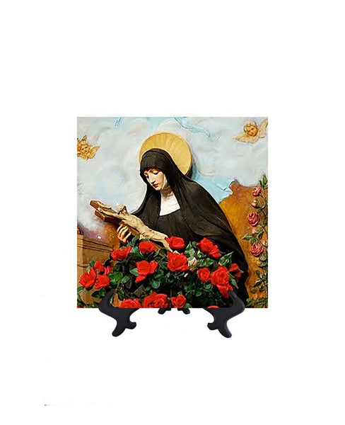 8x8 St Rita holding crucifix with a bed of roses on ceramic tile & stand & no background