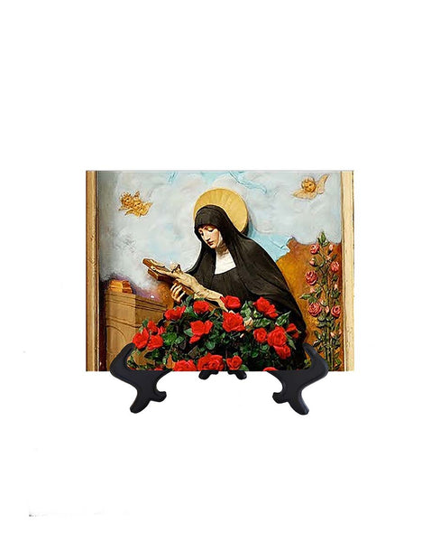 6x8 St Rita holding crucifix with a bed of roses on ceramic tile & stand & no background