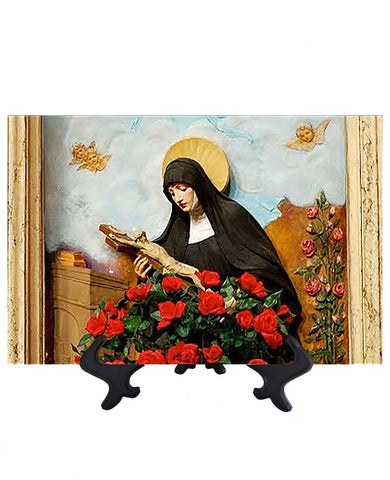 Main St Rita holding crucifix with a bed of roses on ceramic tile & stand & no background