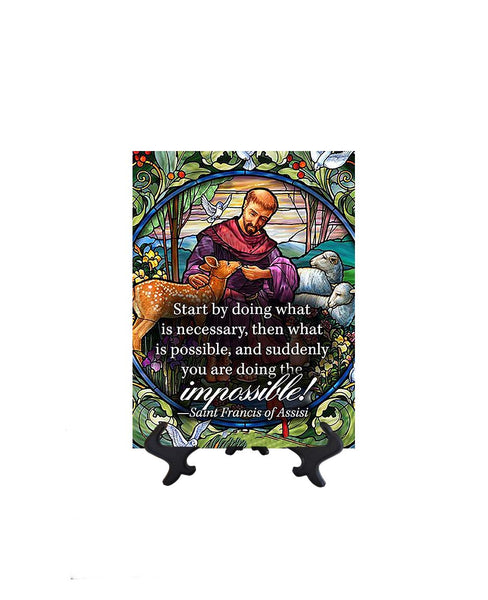 6x8 St Francis of Assisi inspirational quote on ceramic tile & stand & no background