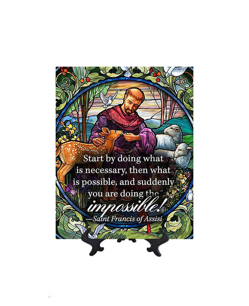 8x10 St Francis of Assisi inspirational quote on ceramic tile & stand & no background