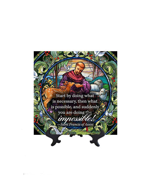 8x8 St Francis of Assisi inspirational quote on ceramic tile & stand & no background