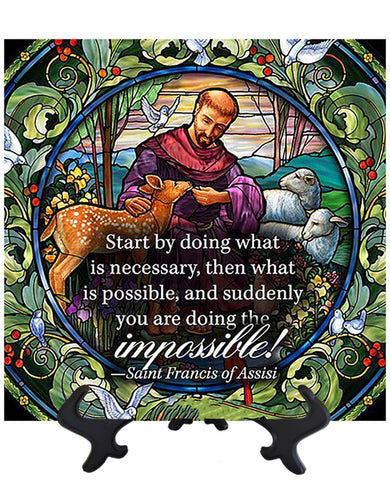 Main St Francis of Assisi inspirational quote on ceramic tile & stand & no background