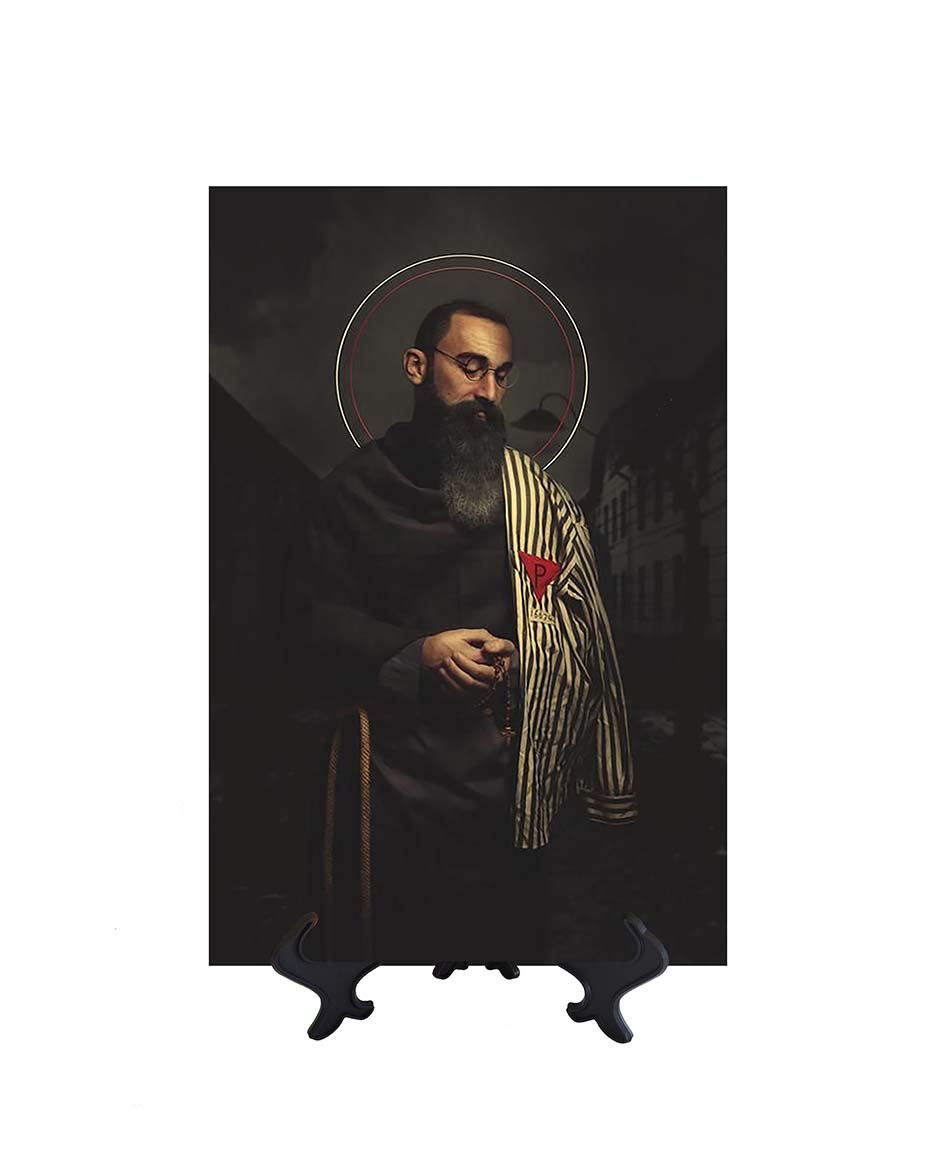 8x12 St. Maximillian Kolbe in prayer with rosary and prisoner's uniform on ceramic tile and stand & no background