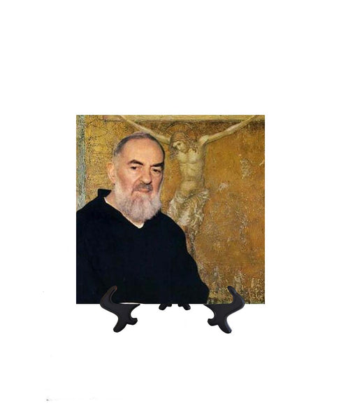 8x8 St. Padre Pio picture with the Crucified Christ in the background on ceramic tile & stand & no background