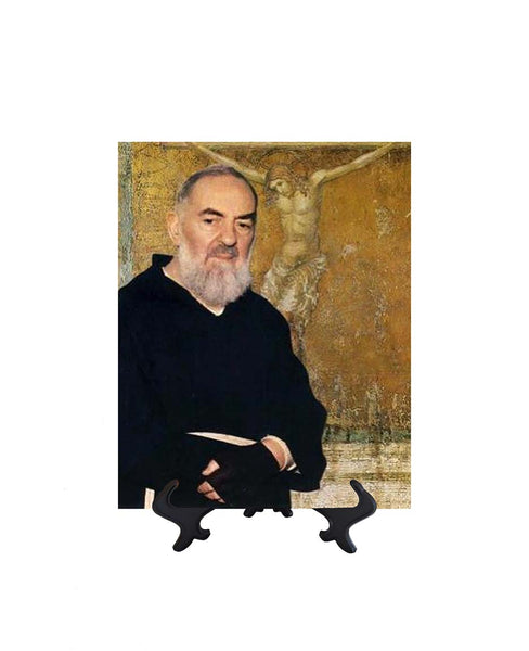 8x10 St. Padre Pio picture with the Crucified Christ in the background on ceramic tile & stand & no background