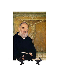 8x12 St. Padre Pio picture with the Crucified Christ in the background on ceramic tile & stand & no background