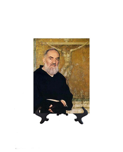 6x8 St. Padre Pio picture with the Crucified Christ in the background on ceramic tile & stand & no background