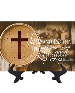 Main Taste & See bible quote on ceramic tile with Cross & coffee mug backdrop with no background