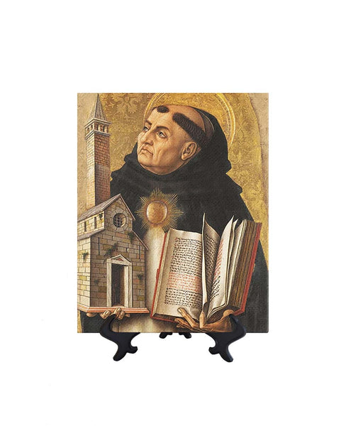 8x10 St Thomas Aquinas - Doctor of the Church holding a bible and church building replica on ceramic tile & stand & no background.