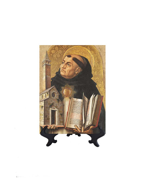 6x8 St Thomas Aquinas - Doctor of the Church holding a bible and church building replica on ceramic tile & stand & no background.