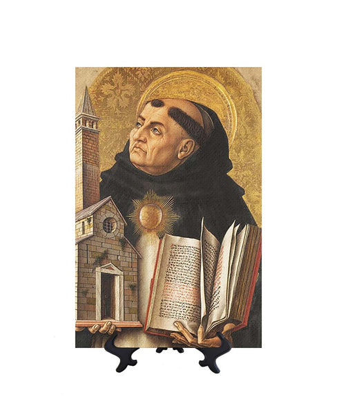 8x12 St Thomas Aquinas - Doctor of the Church holding a bible and church building replica on ceramic tile & stand & no background.