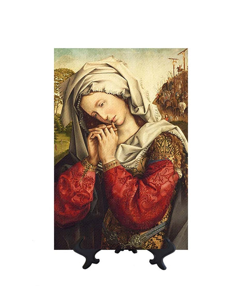 8x12 The Mourning Mary in Prayer on ceramic tile & stand & no background