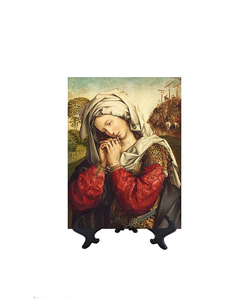 6x8 The Mourning Mary in Prayer on ceramic tile & stand & no background