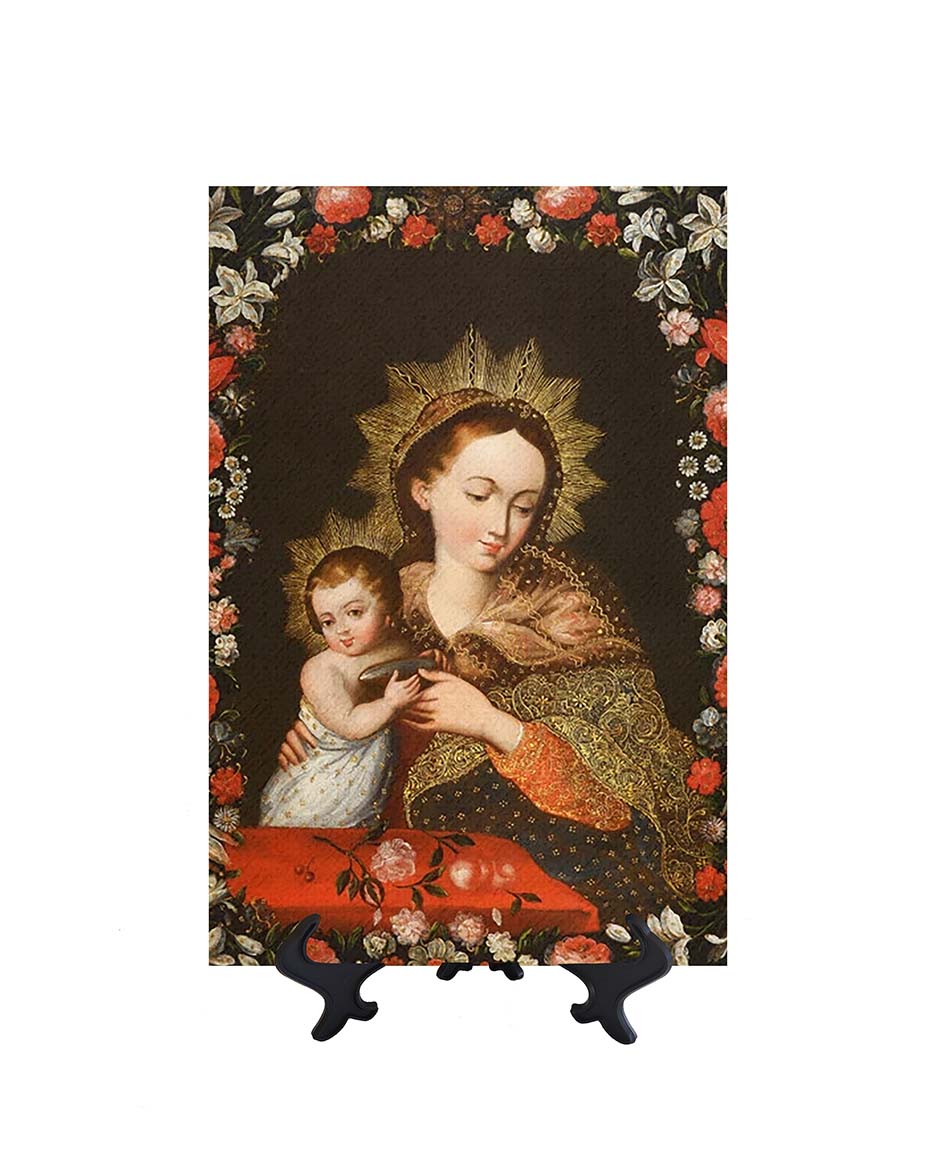 8x12 Portrait of the Virgin Mary holding Baby Jesus on ceramic tile on stand & no background