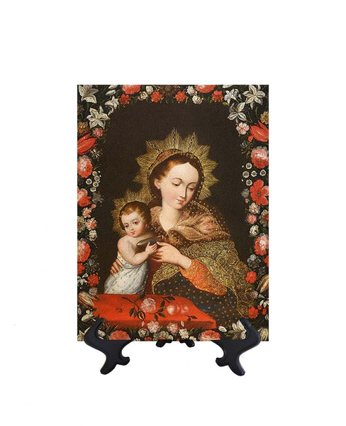 6x8 Portrait of the Virgin Mary holding Baby Jesus on ceramic tile on stand & no background