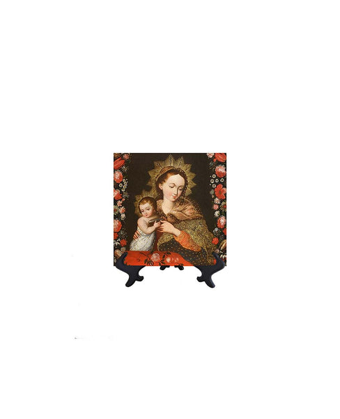 4x4 Portrait of the Virgin Mary holding Baby Jesus on ceramic tile on stand & no background