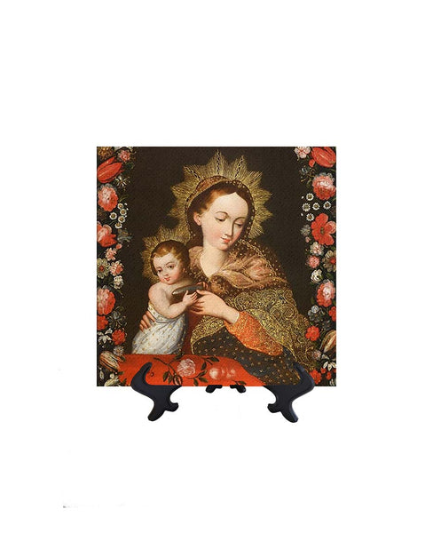 8x8 Portrait of the Virgin Mary holding Baby Jesus on ceramic tile on stand & no background