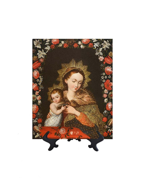 8x10 Portrait of the Virgin Mary holding Baby Jesus on ceramic tile on stand & no background