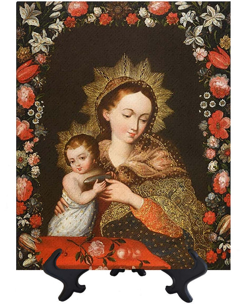 Main Portrait of the Virgin Mary holding Baby Jesus on ceramic tile on stand & no background