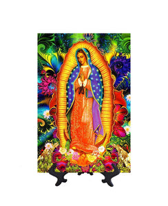 8x12 Our Lady of Guadalupe with vibrant colors on ceramic tile on stand & no background