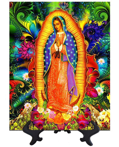 Main Our Lady of Guadalupe with vibrant colors on ceramic tile on stand & no background