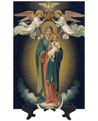 Main The Virgin Mary holding Jesus surrounded by angels & a canopy of stars & no background