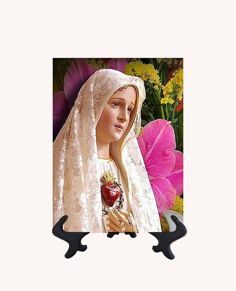 6x8 Immaculate Heart of Mary statue with backdrop of beautiful flowers & no background