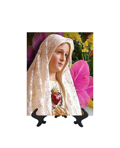 8x10 Immaculate Heart of Mary statue with backdrop of beautiful flowers & no background
