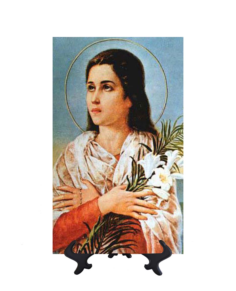 8x12 St Maria Goretti - Catholic Saint Art on ceramic Tile & stand & no background