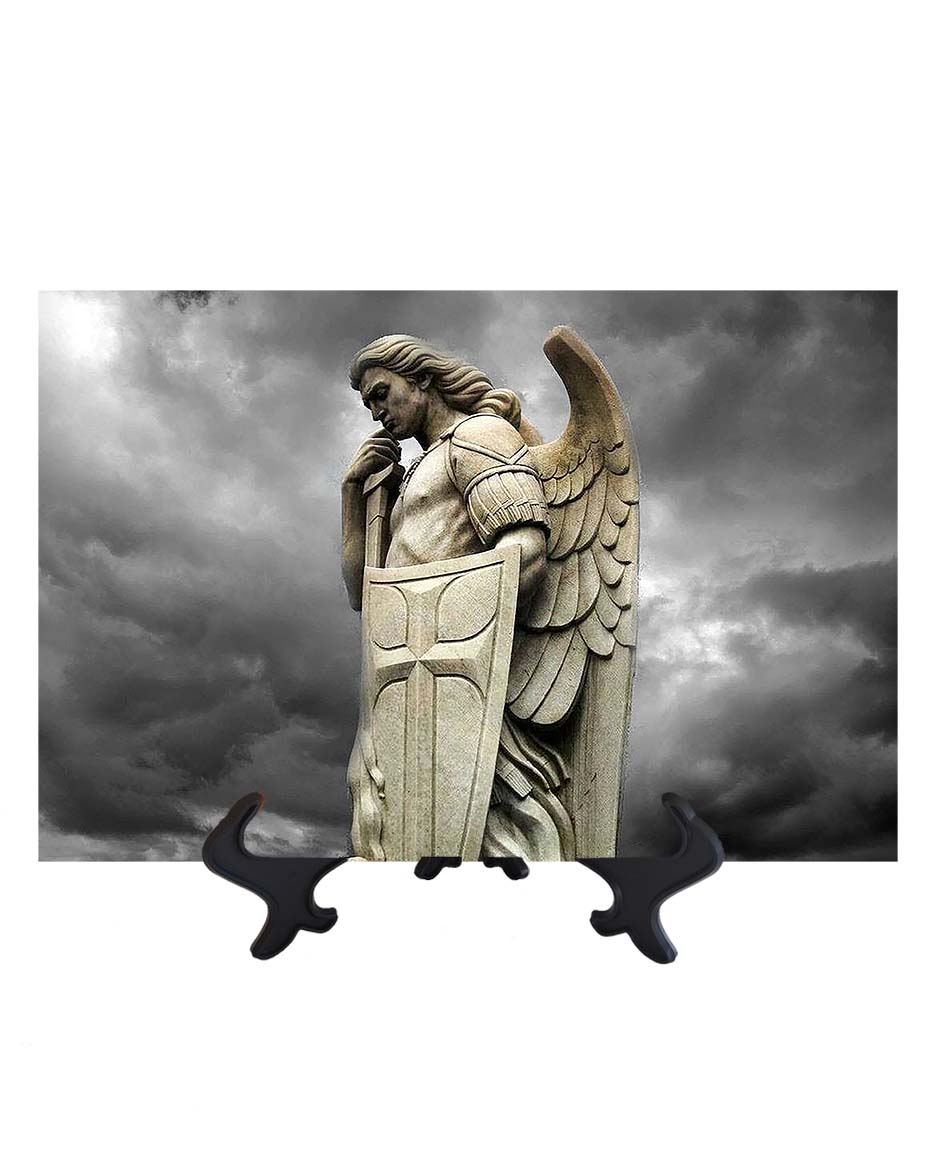 8x12 St. Michael the Archangel statue with Sword & Shield with storm cloud backdrop & no background