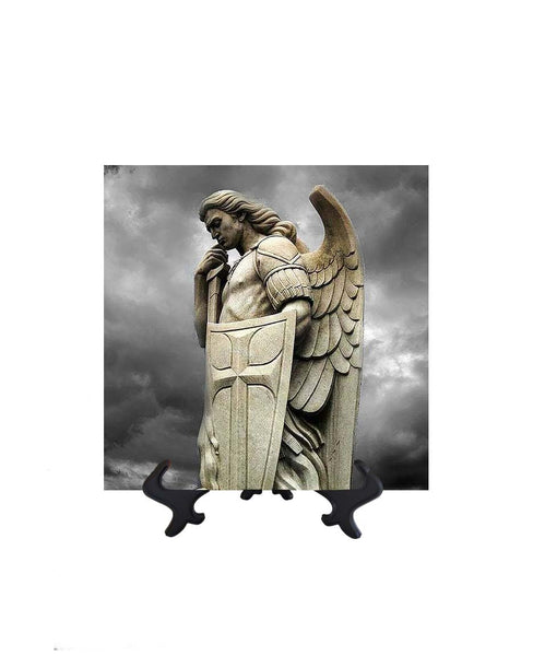 8x8 St. Michael the Archangel statue with Sword & Shield with storm cloud backdrop & no background