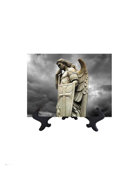 6x8 St. Michael the Archangel statue with Sword & Shield with storm cloud backdrop & no background