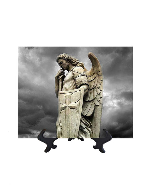 8x10 St. Michael the Archangel statue with Sword & Shield with storm cloud backdrop & no background